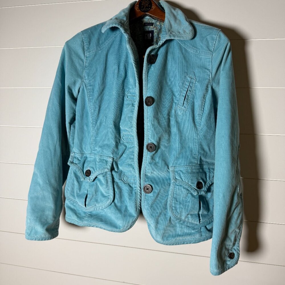 Gap StretchCorduroy Jacket Turquoise Fully Lined Button Front Elbow Patches Sz 6